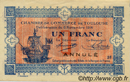 1 Franc Annulé FRANCE Regionalismus und verschiedenen Toulouse 1914 JP.122.21 SS to VZ