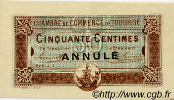 50 Centimes Annulé FRANCE regionalism and various Toulouse 1917 JP.122.24 AU+