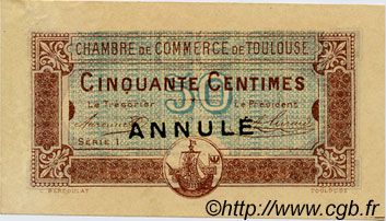 50 Centimes Annulé FRANCE regionalismo e varie Toulouse 1917 JP.122.24 BB to SPL