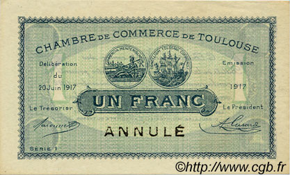 1 Franc Annulé FRANCE regionalismo y varios Toulouse 1917 JP.122.28 SC a FDC
