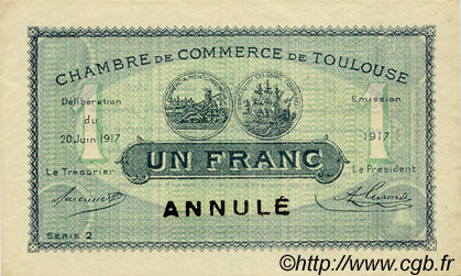1 Franc Annulé FRANCE regionalismo y varios Toulouse 1917 JP.122.30 SC a FDC