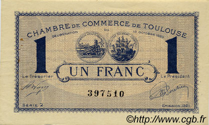 1 Franc FRANCE regionalism and various Toulouse 1920 JP.122.43 VF - XF