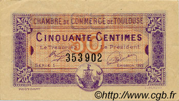 50 Centimes FRANCE regionalismo y varios Toulouse 1922 JP.122.44 MBC a EBC