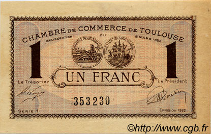1 Franc FRANCE regionalism and various Toulouse 1922 JP.122.45 VF - XF