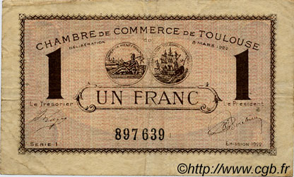 1 Franc FRANCE regionalism and miscellaneous Toulouse 1922 JP.122.45 F