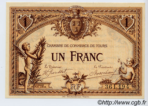 1 Franc FRANCE regionalism and various Tours 1915 JP.123.01 AU+