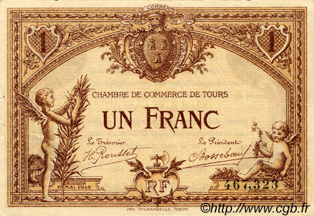 1 Franc FRANCE regionalism and various Tours 1915 JP.123.01 VF - XF