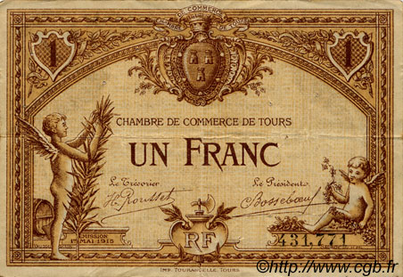 1 Franc FRANCE regionalismo y varios Tours 1915 JP.123.01 BC