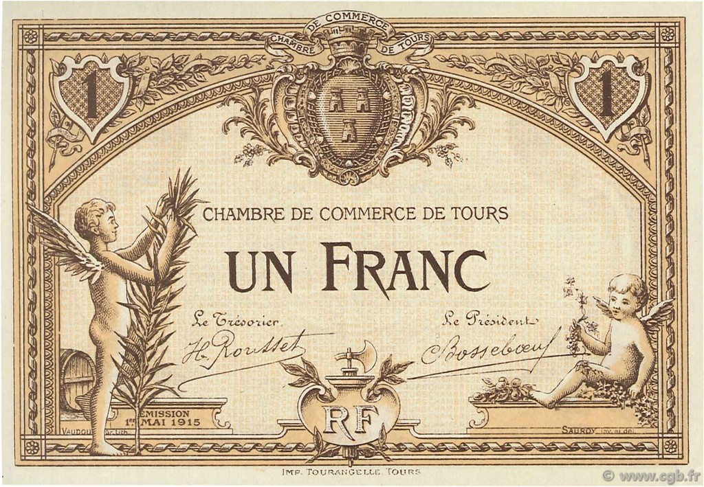 1 Franc Spécimen FRANCE regionalismo e varie Tours 1915 JP.123.02 AU a FDC