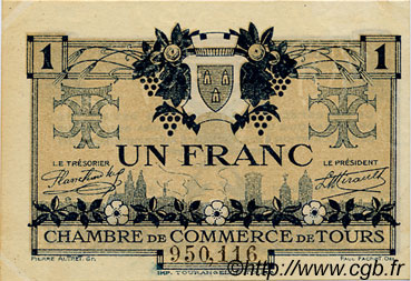 1 Franc FRANCE regionalism and various Tours 1920 JP.123.04 AU+
