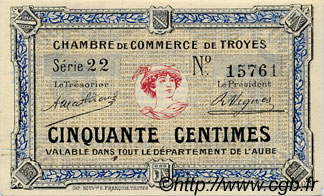 50 Centimes FRANCE regionalismo y varios Troyes 1918 JP.124.01 SC a FDC