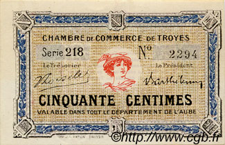 50 Centimes FRANCE regionalismo y varios Troyes 1918 JP.124.09 SC a FDC