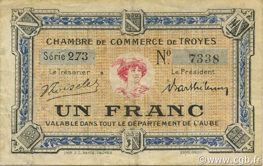 1 Franc FRANCE Regionalismus und verschiedenen Troyes 1918 JP.124.10 S