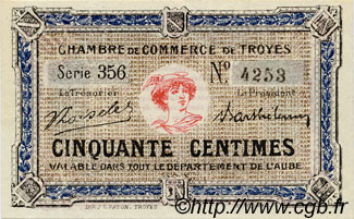 50 Centimes FRANCE regionalismo e varie Troyes 1918 JP.124.11 AU a FDC