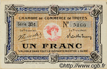 1 Franc FRANCE regionalism and miscellaneous Troyes 1918 JP.124.12 AU+