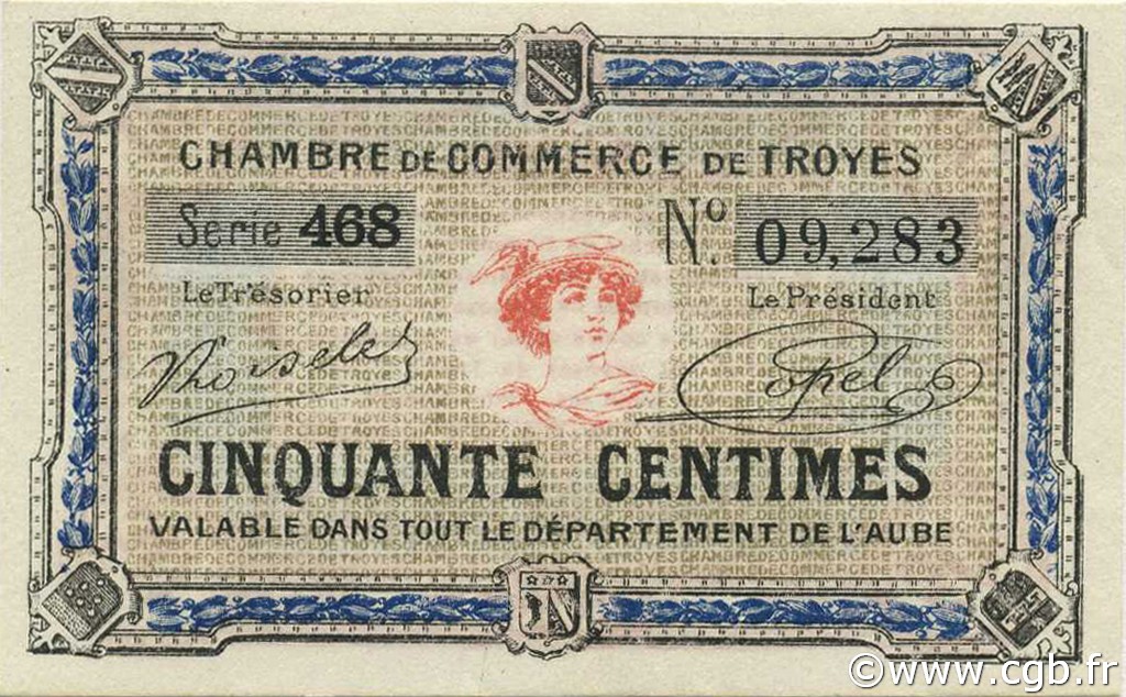 50 Centimes FRANCE regionalismo y varios Troyes 1918 JP.124.13 SC a FDC