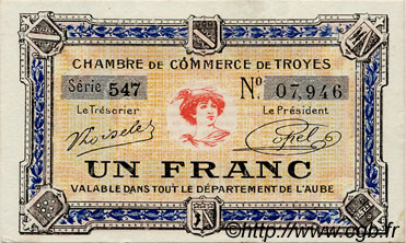 1 Franc FRANCE regionalism and miscellaneous Troyes 1918 JP.124.14 AU+