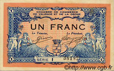 1 Franc FRANCE regionalismo y varios Valence 1915 JP.127.03 SC a FDC