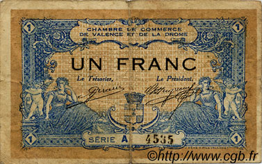 1 Franc FRANCE regionalismo y varios Valence 1915 JP.127.03 BC