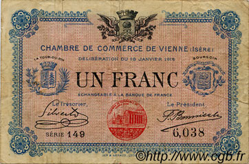 1 Franc FRANCE regionalism and various Vienne 1916 JP.128.12 F