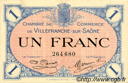1 Franc FRANCE Regionalismus und verschiedenen Villefranche-Sur-Saône 1915 JP.129.04 SS to VZ