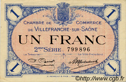 1 Franc FRANCE regionalism and various Villefranche-Sur-Saône 1918 JP.129.09 VF - XF