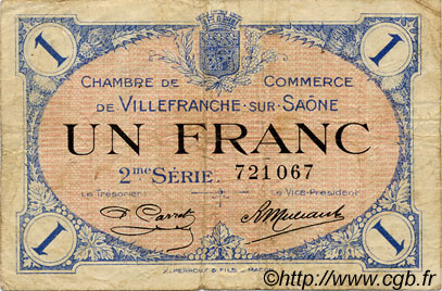 1 Franc FRANCE regionalism and various Villefranche-Sur-Saône 1918 JP.129.09 F