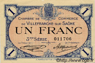 1 Franc FRANCE regionalism and various Villefranche-Sur-Saône 1920 JP.129.13 VF - XF