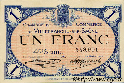 1 Franc FRANCE Regionalismus und verschiedenen Villefranche-Sur-Saône 1921 JP.129.17 SS to VZ