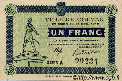 1 Franc FRANCE regionalismo e varie Colmar 1918 JP.130.03 BB to SPL