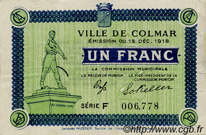 1 Franc FRANCE regionalismo e varie Colmar 1918 JP.130.06 BB to SPL