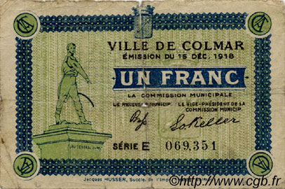 1 Franc FRANCE regionalismo y varios Colmar 1918 JP.130.06 BC