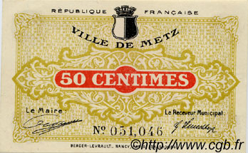 50 Centimes FRANCE regionalism and various Metz 1918 JP.131.01 AU+