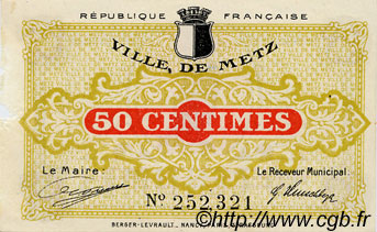 50 Centimes FRANCE regionalismo y varios Metz 1918 JP.131.01 BC