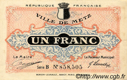 1 Franc FRANCE regionalism and miscellaneous Metz 1918 JP.131.04 VF - XF
