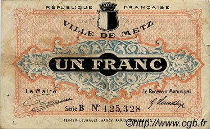 1 Franc FRANCE regionalism and miscellaneous Metz 1918 JP.131.04 F