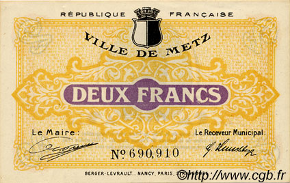 2 Francs FRANCE regionalism and miscellaneous Metz 1918 JP.131.06 AU+