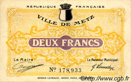 2 Francs FRANCE regionalismo e varie Metz 1918 JP.131.06 BB to SPL