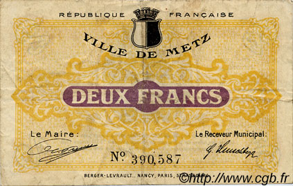 2 Francs FRANCE regionalism and miscellaneous Metz 1918 JP.131.06 F