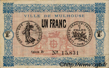 1 Franc FRANCE Regionalismus und verschiedenen Mulhouse 1918 JP.132.02 SS to VZ