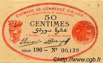 50 Centimes FRANCE regionalismo y varios Alger 1915 JP.137.05 MBC a EBC