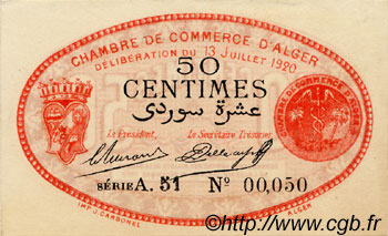 50 Centimes FRANCE regionalism and miscellaneous Alger 1919 JP.137.11 AU+