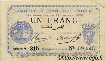 1 Franc FRANCE regionalism and various Alger 1920 JP.137.15 VF - XF