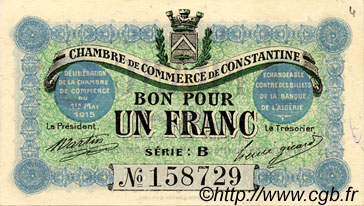 1 Franc FRANCE regionalism and miscellaneous Constantine 1915 JP.140.04 AU+