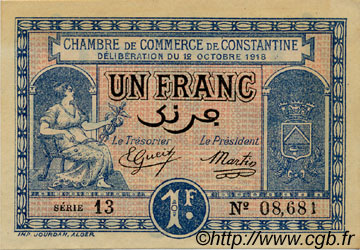 1 Franc FRANCE regionalismo y varios Constantine 1918 JP.140.18 SC a FDC
