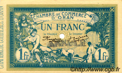 1 Franc Annulé FRANCE regionalism and various Oran 1915 JP.141.09 AU+