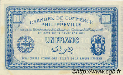 1 Franc FRANCE regionalism and various Philippeville 1914 JP.142.06 AU+