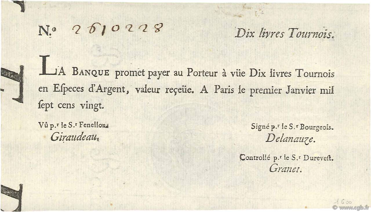 10 Livres Tournois typographié FRANCE  1720 Dor.21 SUP
