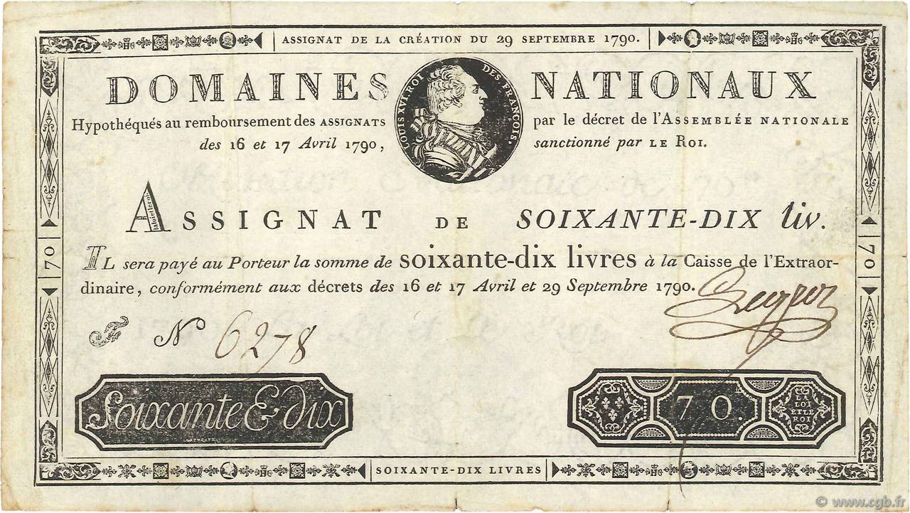 70 Livres FRANCE  1790 Ass.06a TTB