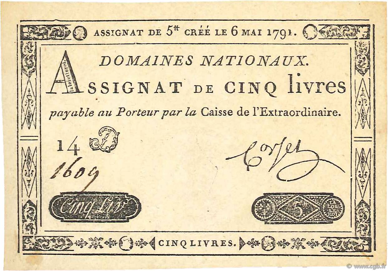 5 Livres FRANCE  1791 Ass.12a NEUF